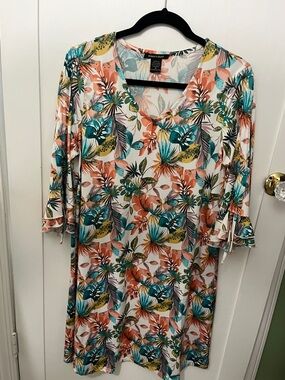 Robert Louis Teal, Coral & Yellow Tropical Women’s Swim Cover-Up